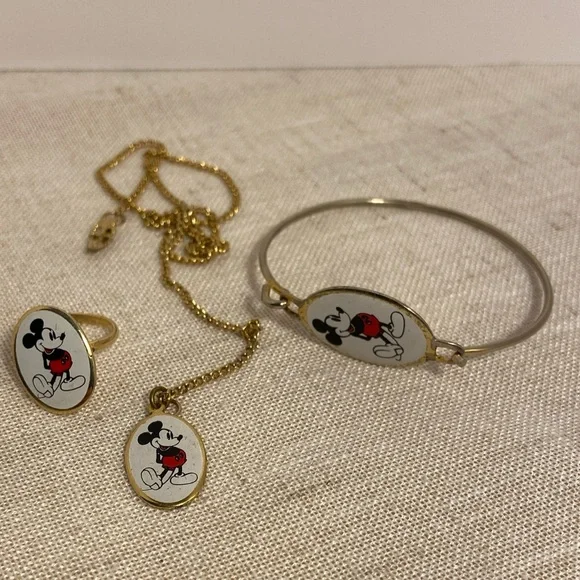 Vintage Disney Mickey Mouse Jewelry Set Gold 1970s ring bracelet necklace 70s - Picture 6 of 16